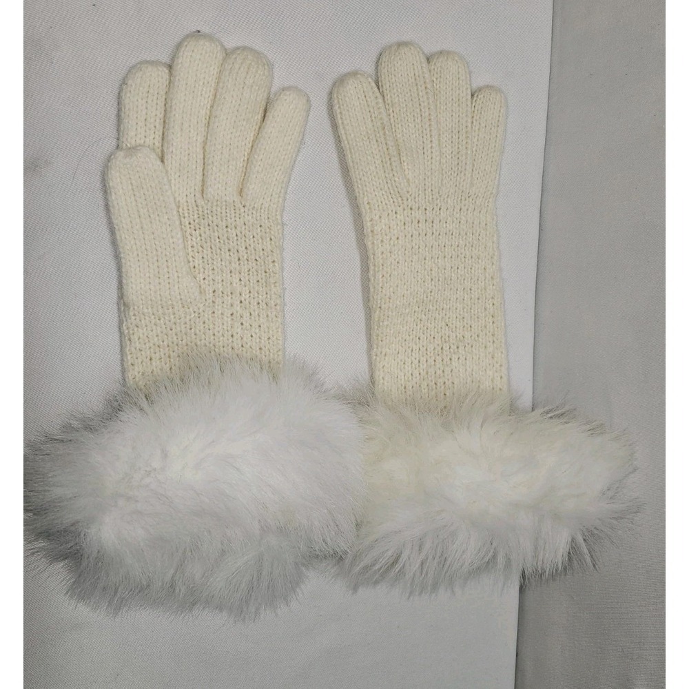 VTG Cream Knit Gloves Real Fur Trim Cuffs OS Winter Glam Coquette Cottagecore